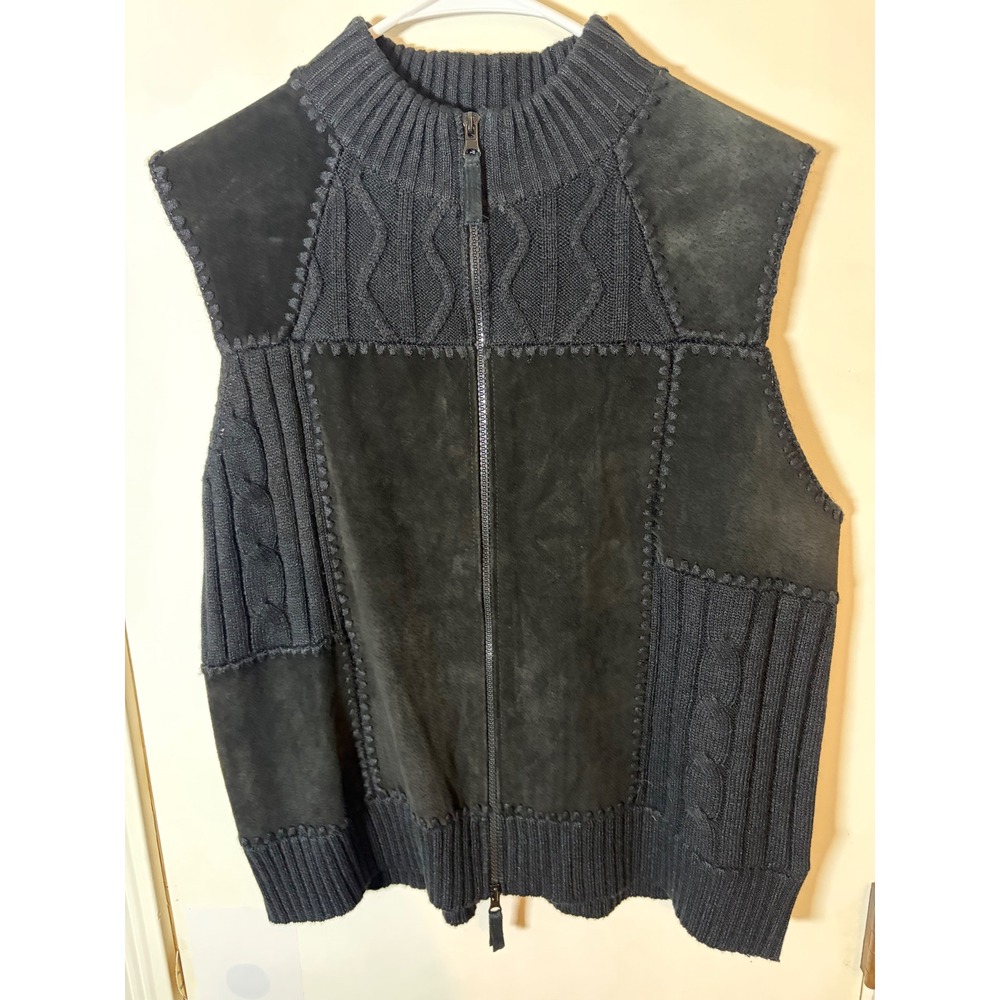 Designers Studio Originals Black Suede Leather Patchwork Knit Sweater Vest Large